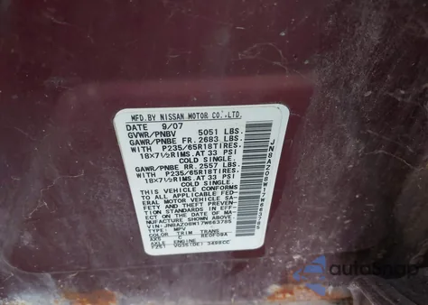 2007 Nissan Murano Sl из США, поврежденный, VIN JN8AZ08W17W663785